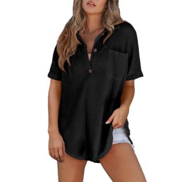 Imagem de Camisa feminina Astylish Henley de manga curta com decote em V preta