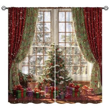 Imagem de Cortina de árvore de Natal Feliz Natal Floco de Neve Cena de Neve Tratamento de Janela Atmosfera Feliz para Sala de Estar Quarto Cozinha Decoração Cortinas de Janela Vermelho Verde 107 cm L X 114 cm C