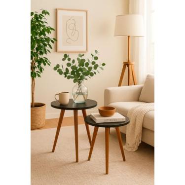 Imagem de Kit 2 Mesas Cora de Canto Redondas Pé Palito MDF Preta Mesa Lateral para Sala Quarto Escritório