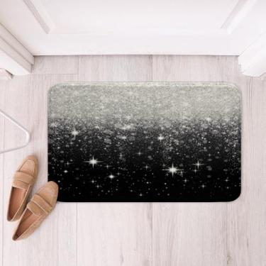 Imagem de Tapetes de banheiro de microfibra com glitter prateado (sem purpurina) Decorações brilhantes Tapete de banho antiderrapante Diamante Preto Shaggy Absorvente Tapete para decoração de quarto Piso de banheiro Tapete interno Decoração de quarto 16" x 24"