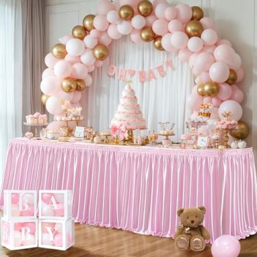 Imagem de Wish Care Saia de mesa de cetim rosa de 4,3 m de comprimento para mesas retangulares, sem rugas, com glitter, toalha de mesa plissada com babados para decoração de princesas, meninas, aniversário, chá
