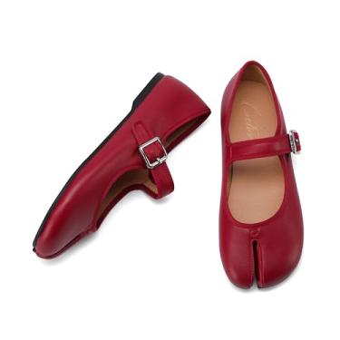 Imagem de Cuctos Sapatos Femininos Casuais Com Fivela E Tira, Bailarina Ninja, Confortáveis, Mocassins Mary Jane, Balé, Couro Sintético, Bico Dividido, Vermelho