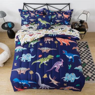 Imagem de lishjekee Jogo de cama solteiro de dinossauro, 6 peças, para crianças, meninos, adolescentes, dinossauros da selva, conjunto de lençol e lençol com estampa de dinossauros, decoração de casa