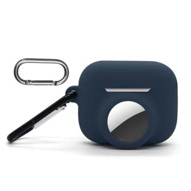 Imagem de Capa de transporte para Airpods Pro 3 com suporte para airtag, suporte de silicone para rastreador GPS para air tag, à prova de choque, antiarranhões, antiperda, com mosquetão, azul marinho