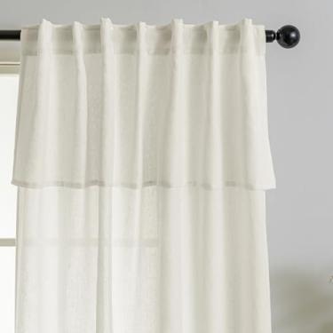 Imagem de Cortinas de linho rústicas, conjunto de 2 painéis, 2 painéis, cor marfim creme, semitransparente, plissada, casa de campo, casa de campo, comprimento até o teto, cortinas para sala de estar, cabana