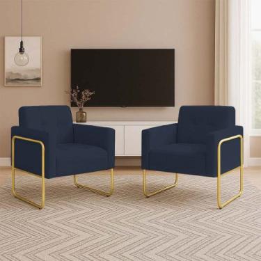 Imagem de Poltrona Sala Industrial Alta Tubo Dourado Kit 2 Elisa Suede D03 - D'R