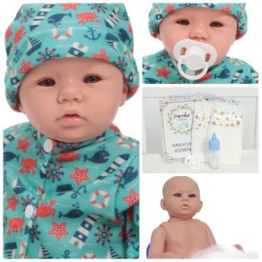 Imagem de Boneco Bebê Reborn Masculino Olhos Azuis 48cm Com Acessórios - Cegonha