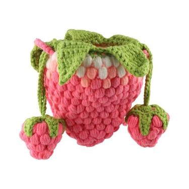 Imagem de zaoalife Bolsa tricotada feita à mão, bolsa de mão de morango de tecido de lã, bolsa de ombro de morango, bolsas de crochê para mulheres, rosa