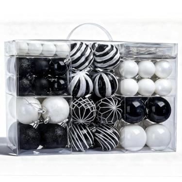 Imagem de Enfeites de bola de Natal de 141 quilates em preto e branco - Decorações de árvore de Natal com glitter inquebrável com 36 ganchos para festas de fim de ano, Halloween, casa, grinalda e guirlanda