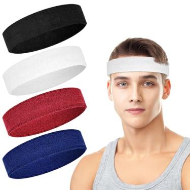 Imagem de Pacote com 4 faixas de cabelo masculinas, faixas de suor masculinas e femininas, faixas de algodão felpudo para tênis, basquete, corrida, academia, malhar