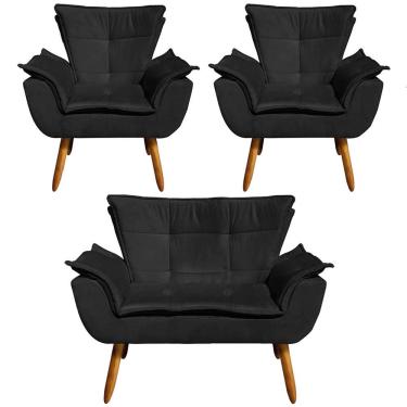 Imagem de Conjunto 2 Poltronas e 1 Namoradeira Pés Palito Charger Suede Preto - Gran Belo
