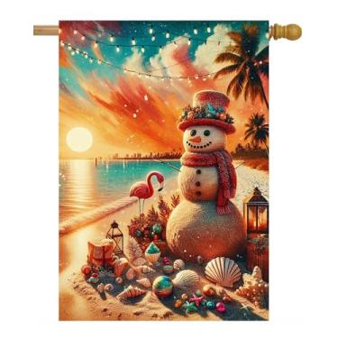Imagem de ShineSnow Boneco de neve na praia, conchas de flamingo, palmeira, pôr do sol, bandeira tropical de casa de Natal, 71 cm x 101,6 cm, poliéster dupla face, bem-vindo, bandeira de jardim, bandeiras para