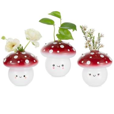 Imagem de Glasseam Vasos de cogumelos de vidro para flores: conjunto de 3 vasos de flores pequenos para decoração de mesa de quarto de casa - mini vasos com expressão facial - presentes exclusivos de apoio