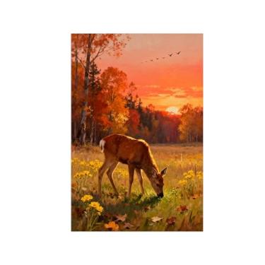 Imagem de Quadro arte parede outono-Árvore pastagem sol veado Impressões em tela paisagens-Pintura animais para sala estar decoração fazenda 20x30cm Sem Moldura