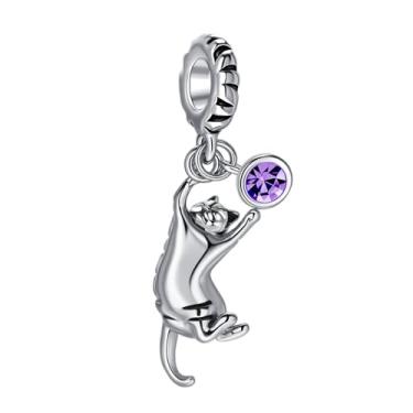 Imagem de MiiFort Berloque de gato malhado para brincar compatível com pulseiras Pandora com pedras de nascimento roxas de junho gengibre gatos amantes mulheres aniversário