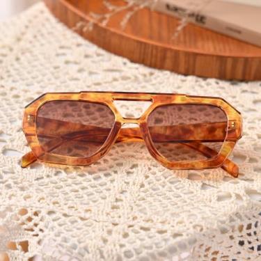 Imagem de Óculos de sol aviador retrô para mulheres e homens, óculos de sol clássicos quadrados hexagonais com armação grossa, Leopardo/marrom, Medium