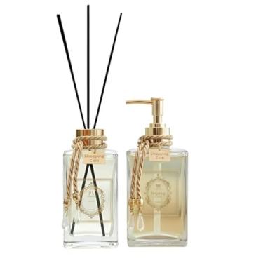 Imagem de Kit Luxo para Banheiro Porta Sabonete Líquido + Difusor de Varetas em Vidro 250ml Válvula Metalizada Prata Dourado ou Rosé - Shopping Cem (Dourado)