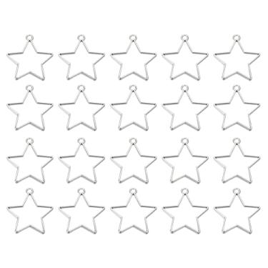 Imagem de 20 peças de biséis abertos, pentagrama de resina de pingentes, moldura aberta nas costas, moldura oca de liga de liga a granel para colar de brinco de fabricação de joias de resina, tom prateado