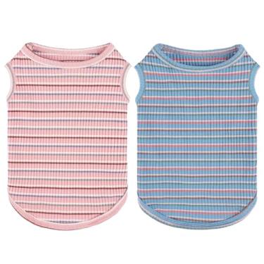 Imagem de Sebaoyu Pacote com 2 coletes para cães pequenos, camiseta regata respirável macia para meninos e meninas, coletes leves sem mangas, para filhotes de cachorro pequeno, roupa de gato (rosa + azul, M)