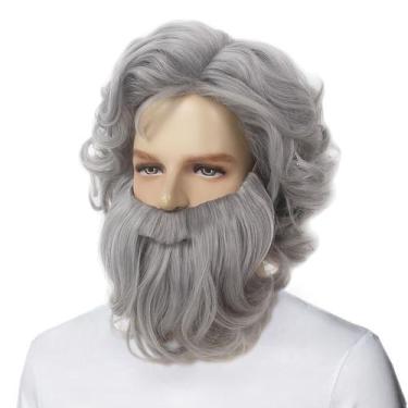 Imagem de Conjunto de peruca e barba de Papai Noel, cabelo sintético cinza encar