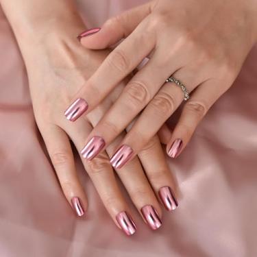 Imagem de Conjunto de unhas falsas instantâneas curtas - pontas de unha de pressão acabamento metálico, unhas postiças quadradas, 24 peças, rosa fosco espelhado