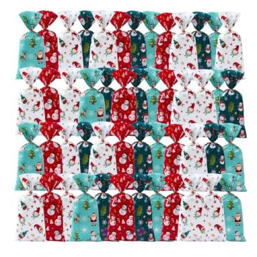 Imagem de 50 unidades de sacos de celofane de Natal, 50 peças, design de Papai Noel e boneco de neve, 4 estilos de sacos de biscoito de Natal