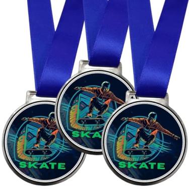 Imagem de Kit 15 Medalhas Para Skate Torneio de Competição Freestyle 50mm Street Park Vert halfpipe Com Fita Azul