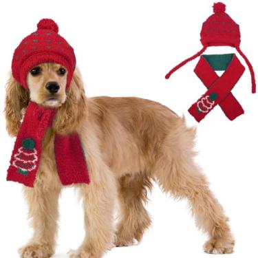 Imagem de OUOBOB Conjunto de chapéu e cachecol de Papai Noel, roupa de Natal para cães, roupa de inverno de lã quente para animais de estimação com cachecol de árvore de Natal, chapéu pompom com orifícios de