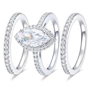 Imagem de MDFUN Conjunto de alianças de casamento ovais três em um anel de noivado banhado a ouro branco 18K zircônia cúbica promessa eternidade para mulheres tamanho 5-10, Latão, Zircônia cúbica