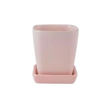 Imagem de Vasos de flores em forma quadrada com orifícios de drenagem e bandeja de pires, vaso de cerâmica de mesa para varanda, sala de estar, quarto, peitoril da janela, vasos de flores decorativos (rosa)