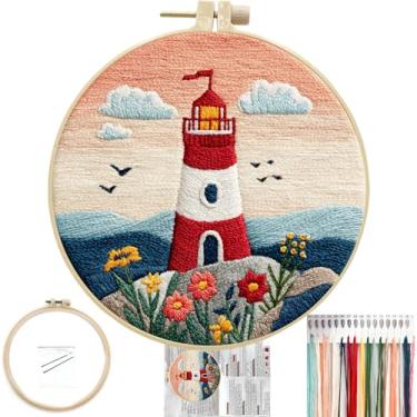 Imagem de FONNUY Kit de bordado para iniciantes, kits de padrões pré-estampados de flores de paisagem de farol para adultos com argola, costura de linha colorida fácil de seguir, argola de 20 cm (laranja)