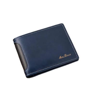 Imagem de Carteira masculina fina, curta e macia, retrô, PU, dobrável, 7 compartimentos, 1 compartimento para dinheiro, 1 bolso com zíper, Azul, Casual