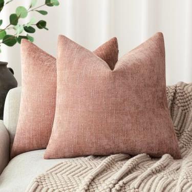 Imagem de Foindtower Pacote com 2 capas de almofada decorativas texturizadas de chenille com detalhe quadrado sólido capa de almofada neutra casa de fazenda para sofá, quarto, sala de estar, 55 x 55 cm, rosa