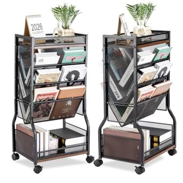 Imagem de Beramon Carrinho de arquivo com rodinhas de 8 camadas com rodas bloqueáveis, estante de livros de dupla face e prateleiras de armazenamento, organizador utilitário fácil de montar para casa
