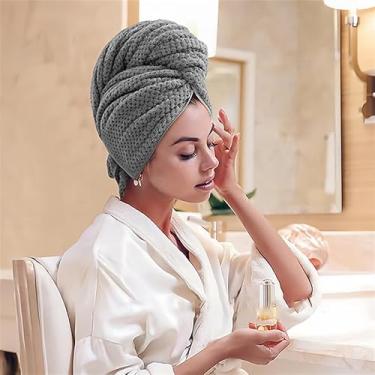 Imagem de Toalha de cabelo para mulheres (61 cm x 99 cm), envoltório de toalha super absorvente com elástico, grande cabelo de secagem macia para cabelos longos e grossos e curtos, cinza