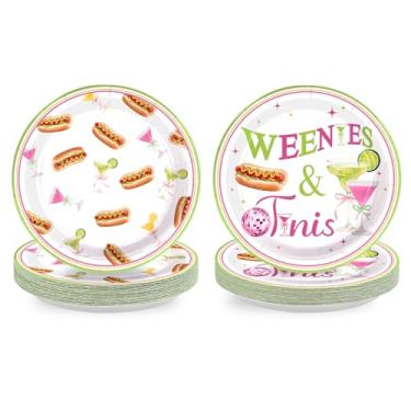 Imagem de Greencian 50 peças de artigos de festa Weenies e Tinis pratos grandes de papel tema martini de cachorro-quente descartável verde rosa para bar de cachorro-quente festa de despedida de solteira