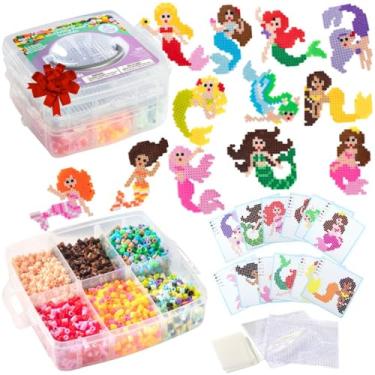 Imagem de SCS Direct 4.000 peças de contas fusíveis sereia com caixa de transporte - 21 cores, 12 modelos exclusivos, 2 quadros de pinças, pinças, papel de passar roupa, estojo, funciona com Perler, projeto de