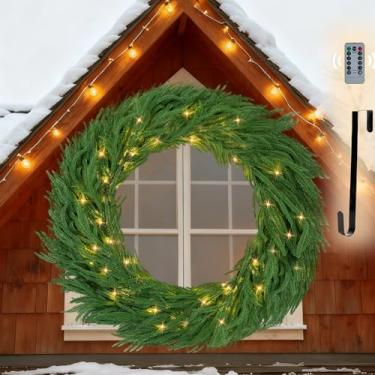 Imagem de NUPTIO Guirlanda de Natal artificial com luzes: guirlanda de pinheiro Norfolk de toque real de 88 cm com gancho para parede da porta da frente - Grandes decorações realistas 100 LED 8 modos com