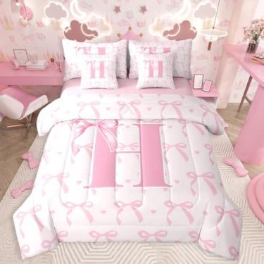 Imagem de jejeloiu Conjunto de edredom infantil fofo com laço rosa e lençol casal com letra H, 7 peças, lindo laço de coquete em uma bolsa, letra H com monograma para todas as estações
