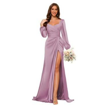 Imagem de Vestido de dama de honra Dessiny Wisteria, manga comprida, cetim, deco