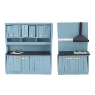 Imagem de Pilipane Kit de móveis de cozinha de casa de boneca, inovador, feito à mão, escala 1:12, conjunto de móveis de casa de bonecas, azul escuro para decoração de cozinha em miniatura e acessórios de casa