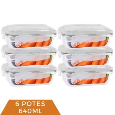 Imagem de 6 Potes Vidro 640ml Marmita Fitness Tampa Hermética 4 Travas - Casa Li
