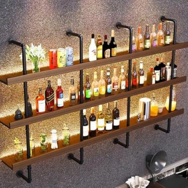 Imagem de Rack de vinho moderno para montagem na parede, prateleira grande para armazenamento de vinho industrial com luz LED com suporte para copo de vinho, prateleiras de uísque de barra de ferro, prateleira