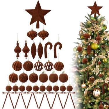 Imagem de 80 peças de enfeites de veludo para decoração de árvore de Natal – 1 estrela superior, 2 bengalas de doces, 27 bolas flocadas à prova de estilhaçamento e 50 laços para decoração de casa de cornija de
