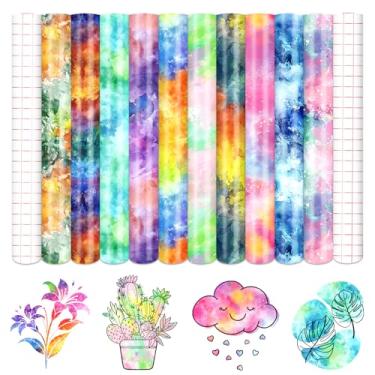 Imagem de Tintnut Aquarelas de vinil adesivo permanente de mola - 10 folhas de vinil permanente com padrão colorido de 30,5 cm x 25,4 cm para máquina de corte, folhas à prova d'água para decoração de casa