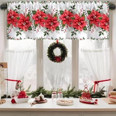Imagem de Vanleonet Saias de Natal para janelas, bolso para varão com flores de poinsétia e pinhas, cortinas de Natal, 137 x 45 cm