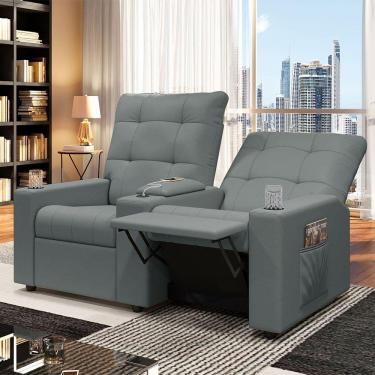 Imagem de Poltrona Do Papai Reclinável Sala De Cinema 2 Lugares Manual Baú Usb Pu Cinza