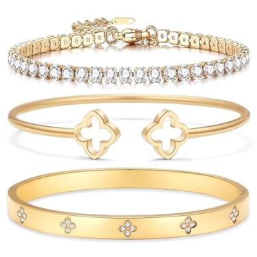 Imagem de Arthur Liu Conjunto de 3 peças de pulseiras delicadas banhadas a ouro 14K – Joias de aço inoxidável não manchadas com zircônia cúbica para mulheres, caixa de presente incluída, One Size, Aço