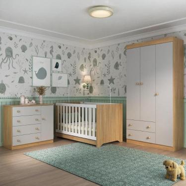 Imagem de Quarto de Bebê Completo com Berço Americano 3 em 1 p/Colchão 130x70cm Encanto Multimóveis MP4589