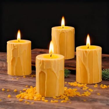 Imagem de 4 velas de pilar de cera de abelha natural de 7,6 cm x 10 cm